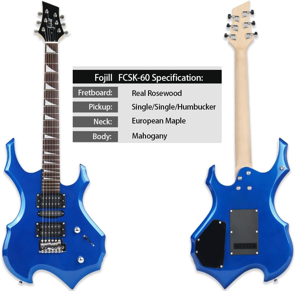 Fojill Heavy Metal Cool Electric Guitar Kit Set Beginner Starter Combo Package Bundle Battery Power Bluetooth 10W Amplifier Amp Accessory Gig Bag,Picks, Cable,Strap,Strings(FCGK-60, Metallic Blue)