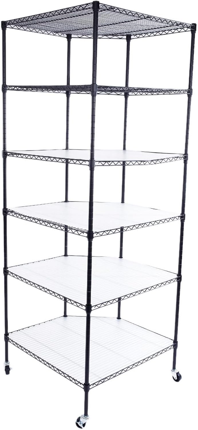 Bonnlo 6-Tier Rolling Heavy Duty Commercial Polygonal Corner Shelf Wire Shelving Unit Adjustable Storage Rack Free Standing Garage with 5 Wheels 26 4/5' L x 26 4/5' W x 71' H Inches (Black)