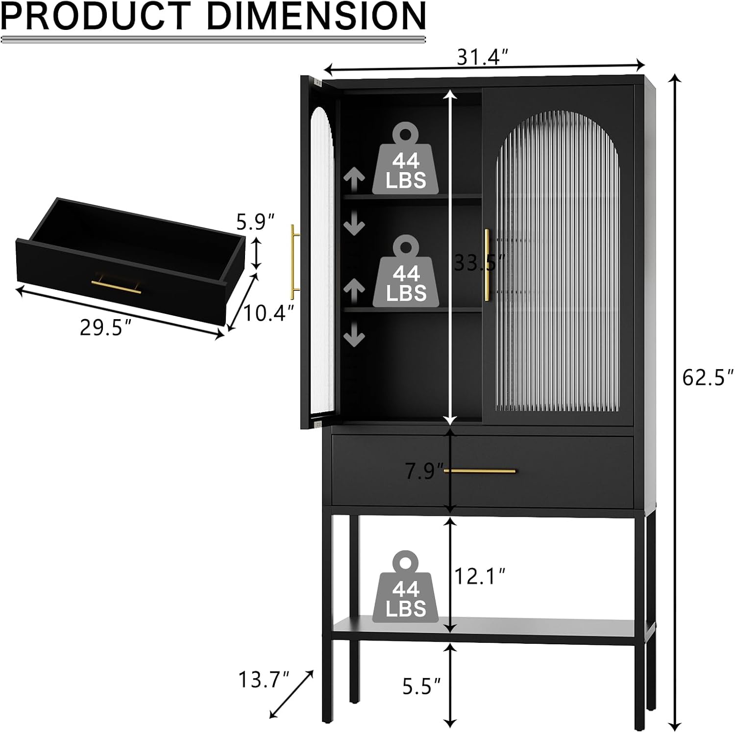ALBAD 63 Inch Tall Metal Pantry/Display/Storage Cabinet with Fluted Glass Doors and Drawer & Adjustable Shelf for Modern Home Office Living Room Kitchen Black
