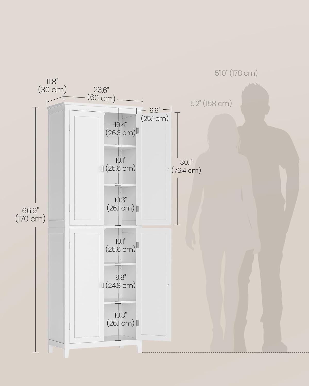 VASAGLE Floor Storage Cabinet, Freestanding Storage Unit with 4 Doors, Adjustable Shelves, 11.8 x 23.6 x 66.9 Inches, for Entryway, Bathroom, Cloud White UBBC550W01