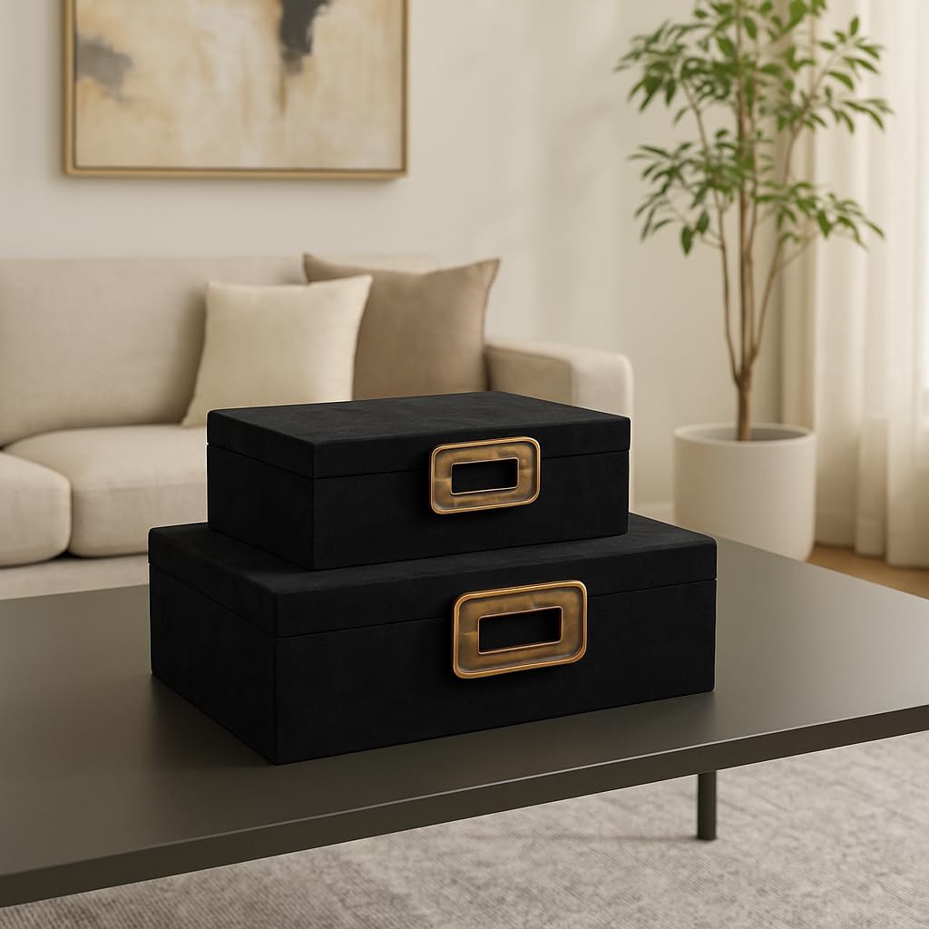 Decorative Boxes with Lid for Home Decor – Modern Storage and Home Organizer - Jewelry Boxes and Keepsake Boxes Perfect for Living Room, Bedroom, or Office Decor; Set of 2 – 5', 4' Black & Gold