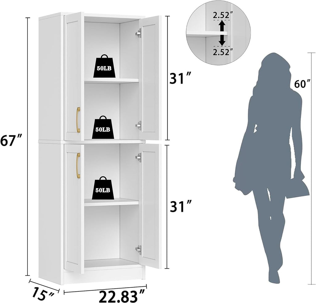 Pantry - Kitchen Pantry Cabinet with 4 Doors and Adjustable Shelves, Tall Black Cabinet Freestanding Storage Cupboard for Dining Room Living Room, Laundry, Bathroom (White)