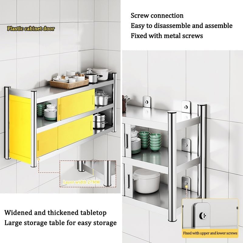 Kitchen Floor Cupboard Tall Storage Cabinet with Flip Doors Adjustable Shelves Kitchen Storage Sideboard with Countertop Free Standing，Heavy Duty Stainless Steel Wall Storage Cabinet, Slidin