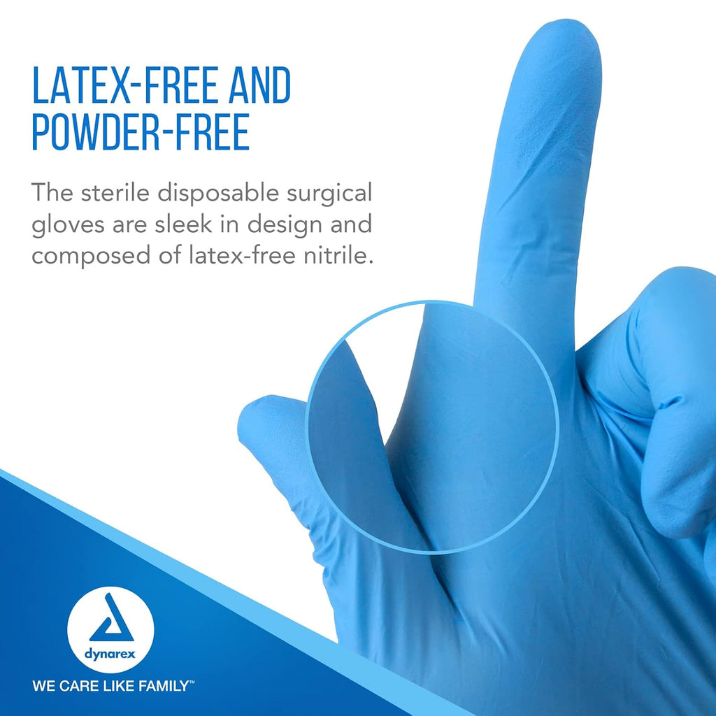 Dynarex Sterile Disposable Nitrile Exam Gloves, Powder-Free, Sterilely Packaged in Pairs, Textured Palms, Blue, Large, 1 Case - 8 Boxes of 50 Pairs