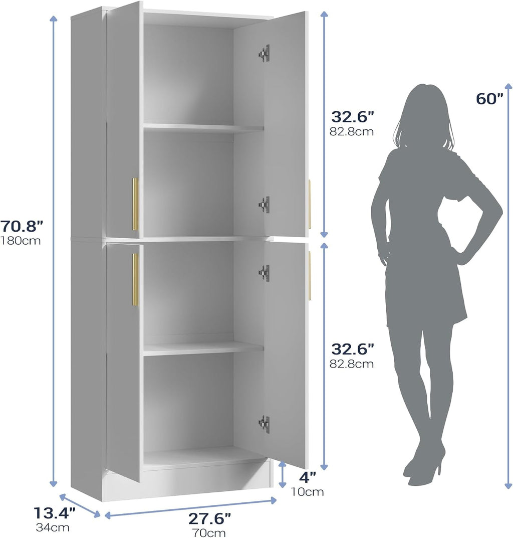 Housoul 71' Tall Pantry Cabinet with 4 Doors, Kitchen Pantry Storage Cabinet, Freestanding Larder Cupboard, Kitchen Hutch with Gold Handles for Dining Room, Bathroom, White