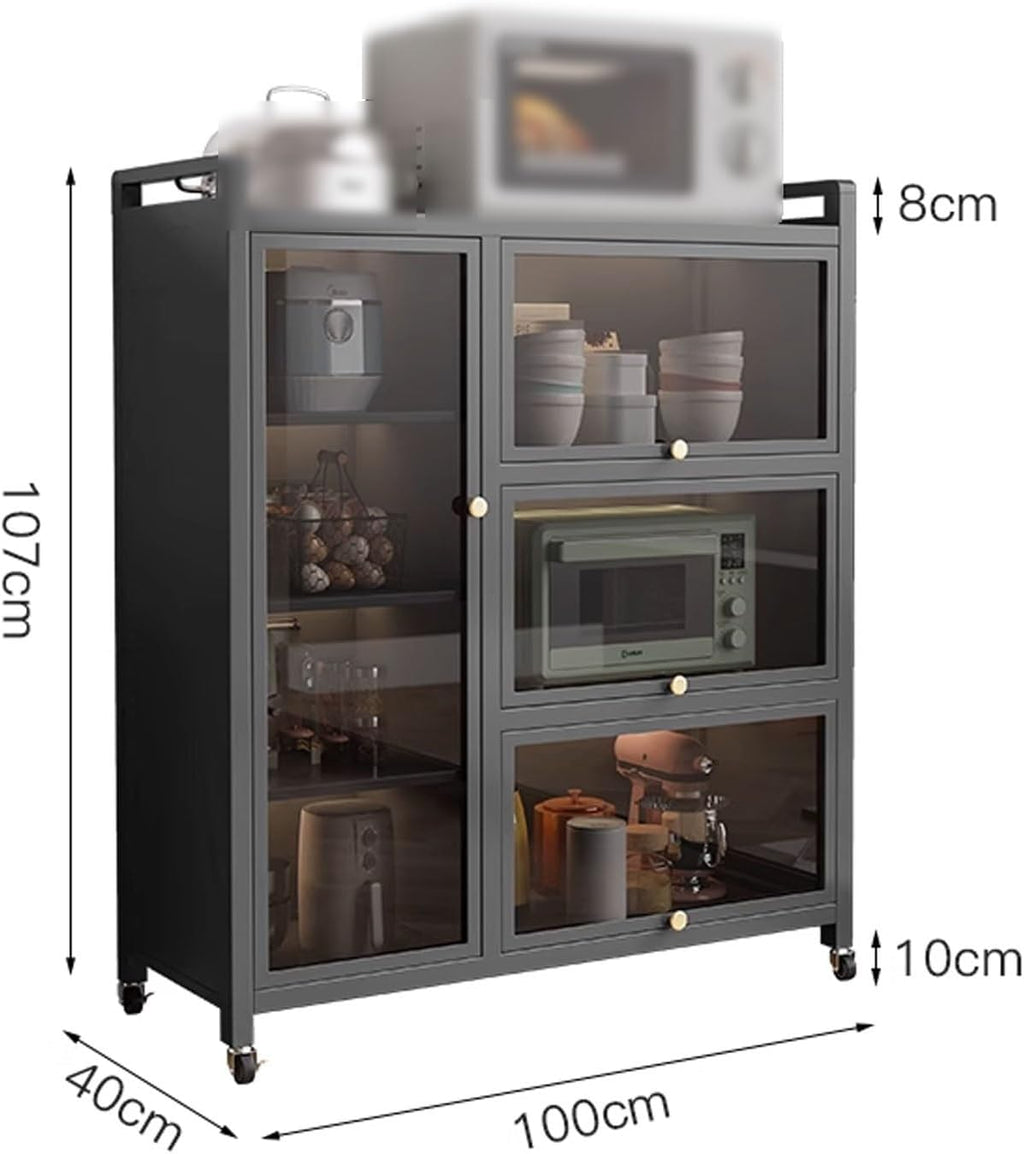 Bakers Rack with Storage Cabinet Doors Microwave Stand with Storage Cabinet Adjustable Layer Distance with of Brakeable Casters, for Utensils, Pots, Pans, Spices(Gray,100 * 40 * 107CM)