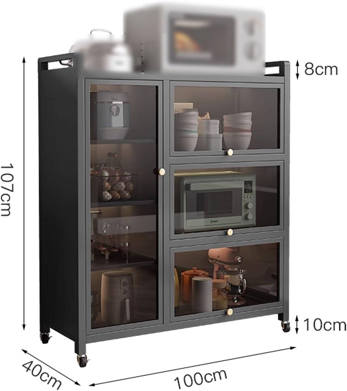 Bakers Rack with Storage Cabinet Doors Microwave Stand with Storage Cabinet Adjustable Layer Distance with of Brakeable Casters, for Utensils, Pots, Pans, Spices(Gray,100 * 40 * 107CM)