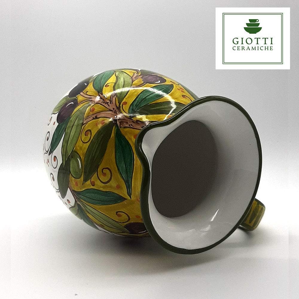 Italian Ceramic Pitcher Olive Green - 33 oz Hand Painted Utensil Holder Or Carafe Design for Kitchen - Made in ITALY Tuscany - Italian Pottery Vase Jar for Wine - Home Decor Ceramics Dispenser