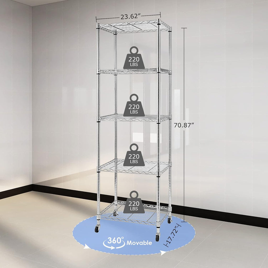 5 Tier Wire Shelving Unit With Wheels, Adjustable Narrow Metal Shelf, NSF Certified Storage for Laundry, Garage, Kitchen, Pantry, 18' D X 24' W X 71' H, Chrome
