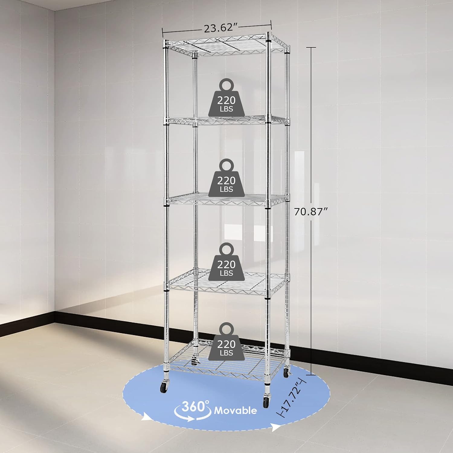 5 Tier Wire Shelving Unit With Wheels, Adjustable Narrow Metal Shelf, NSF Certified Storage for Laundry, Garage, Kitchen, Pantry, 18' D X 24' W X 71' H, Chrome