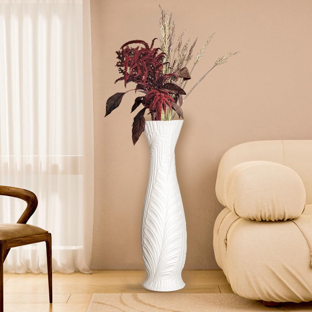 Tall White Floor Vase 30 Inches, Handmade Large Modern Ceramic Vases for Home Decor Living Room, Feather Pattern Decorative Vases Wide Mouth Opening Corner Vase for Pampas Grass