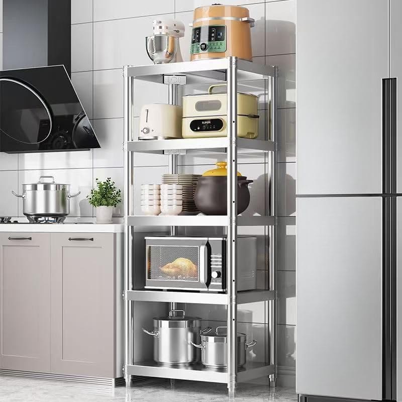 Stand with Storage 5-Tier, Corner Baker's Rack, Corner Shelf Stand Kitchen Shelf Organizer with Stainless Stee in Silver for Kitchen Home Organizer (20' L x 12' W x 61' H)