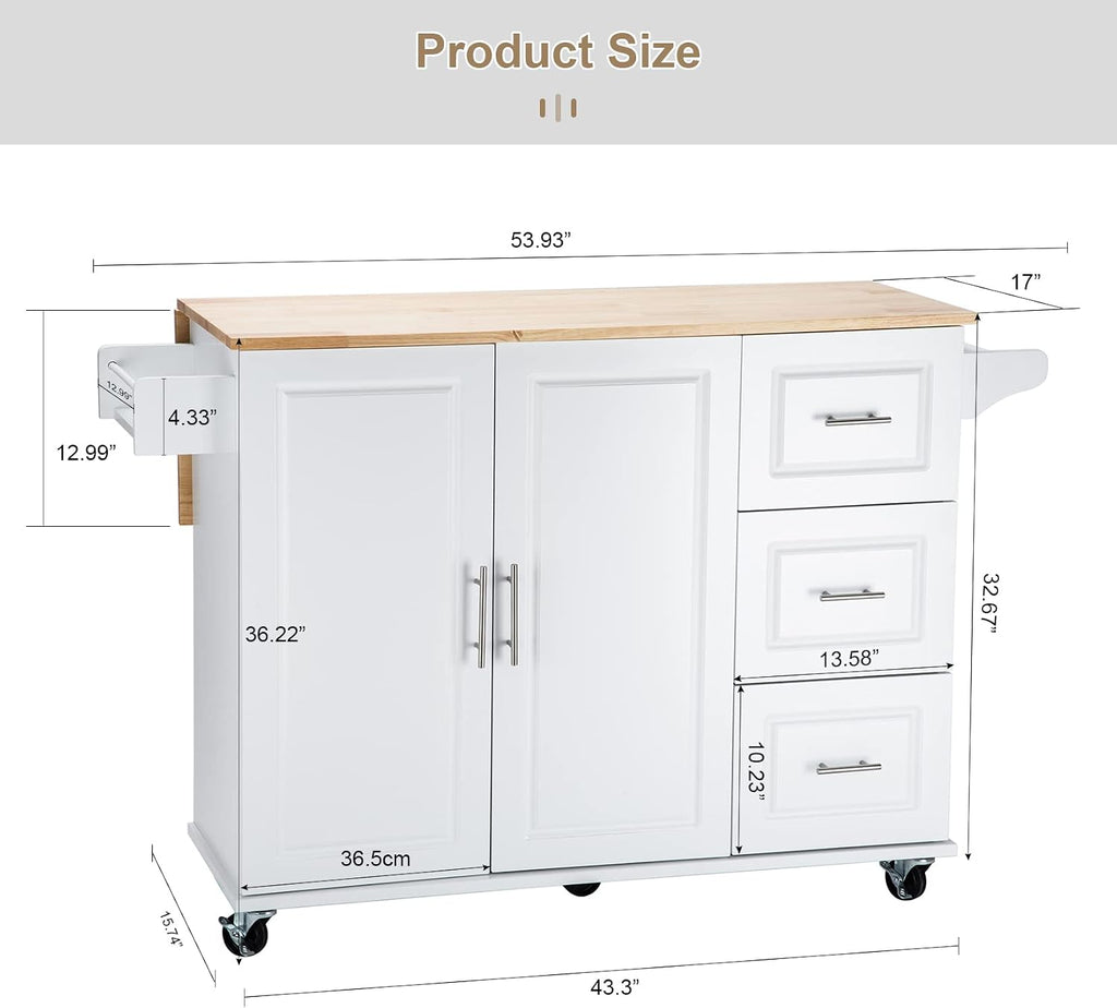 Kitchen Island with Rubber Wood Drop-Leaf Countertop, Mobile Serving Cart with Spice Rack, Utility Storage Trolley with Towel Holder, Rolling Kitchen Table with 3 Drawer and Storage Cabinet