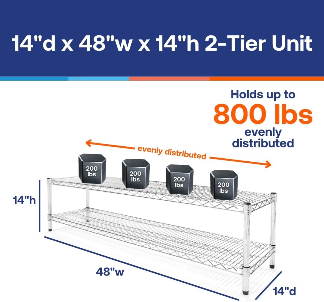 Shelving Inc. 14' d x 48' w Chrome Wire Shelving with 2 Tier Shelves, Weight Capacity 800lbs Per Shelf