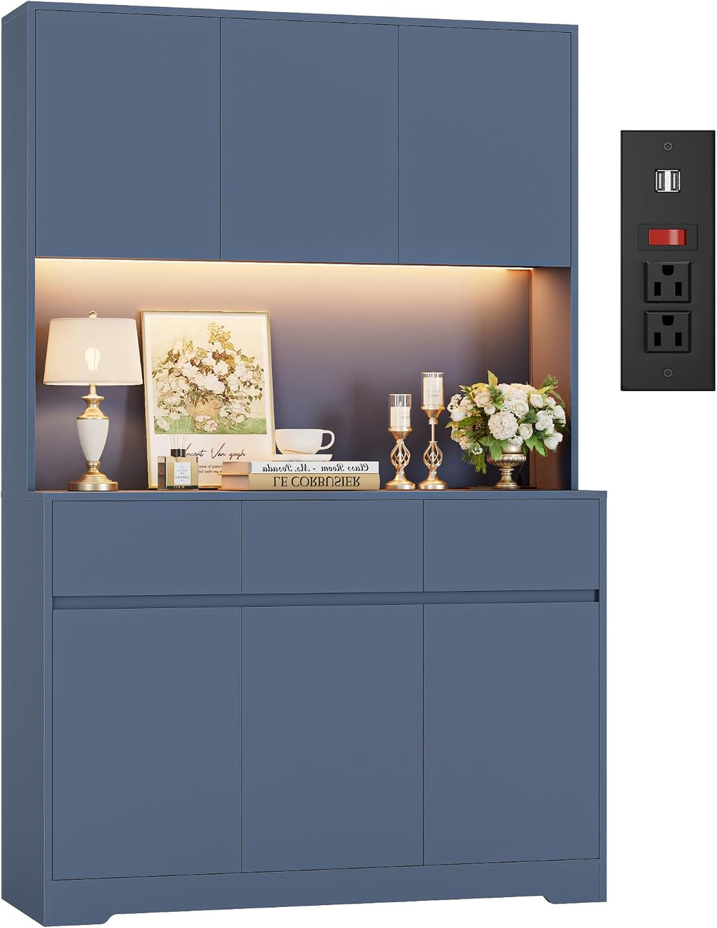 FINETONES 71' Pantry Cabinet with Power Outlets and Led Lights, Large Kitchen Hutch Storage with Microwave Stand, Tall Pantry Kitchen Cabinet with Cupboard, Blue