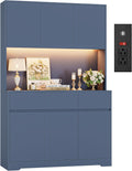 FINETONES 71' Pantry Cabinet with Power Outlets and Led Lights, Large Kitchen Hutch Storage with Microwave Stand, Tall Pantry Kitchen Cabinet with Cupboard, Blue