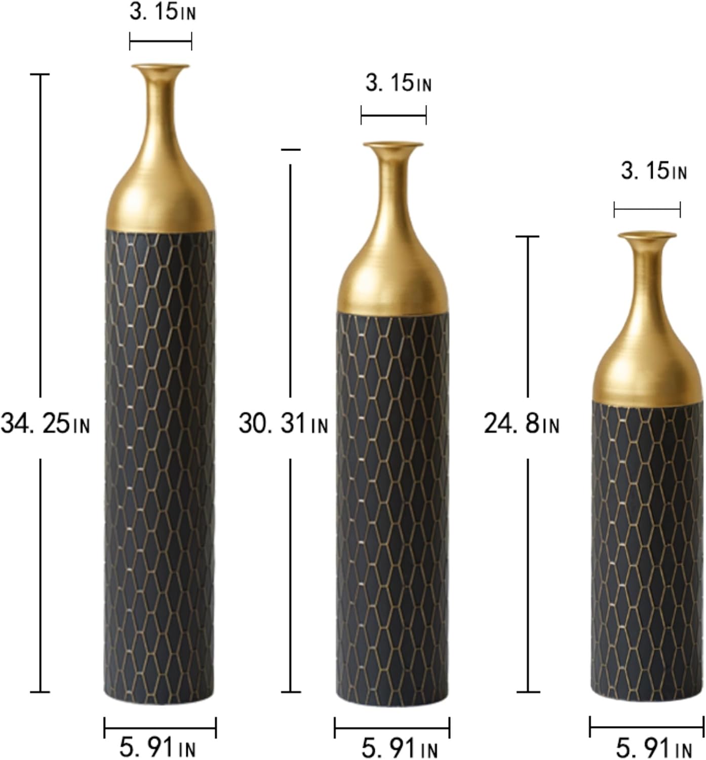 Floor Vases Decorative Tall - 24.8/30.31/34.25 in Metal Cylinder Vases Extra Large Decorative Vase Set of 3 Living Room Modern Big Standing Decor for Dining Bedroom Home Corner Indoor