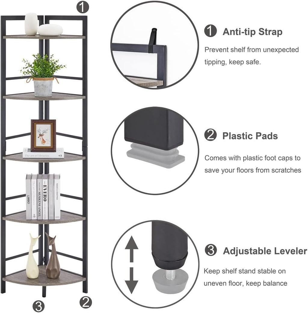 BON AUGURE Rustic Corner Shelf Stand, Tall Industrial Corner Bookshelf, Wood Metal 5 Tier Bookcase Shelves, Display Shelving Unit for Kitchen, Living Room (Dark Grey Oak)