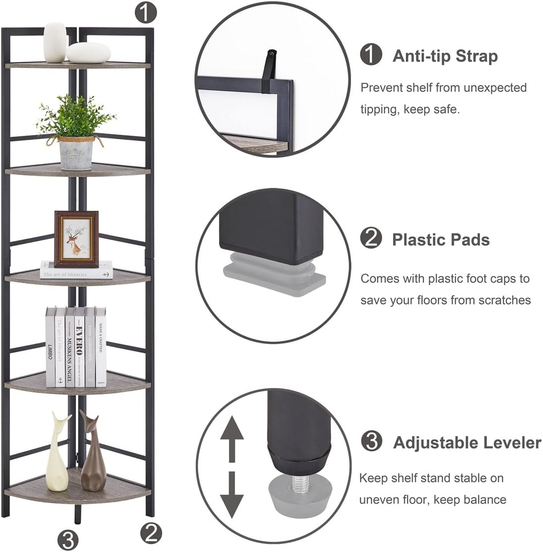 BON AUGURE Rustic Corner Shelf Stand, Tall Industrial Corner Bookshelf, Wood Metal 5 Tier Bookcase Shelves, Display Shelving Unit for Kitchen, Living Room (Dark Grey Oak)