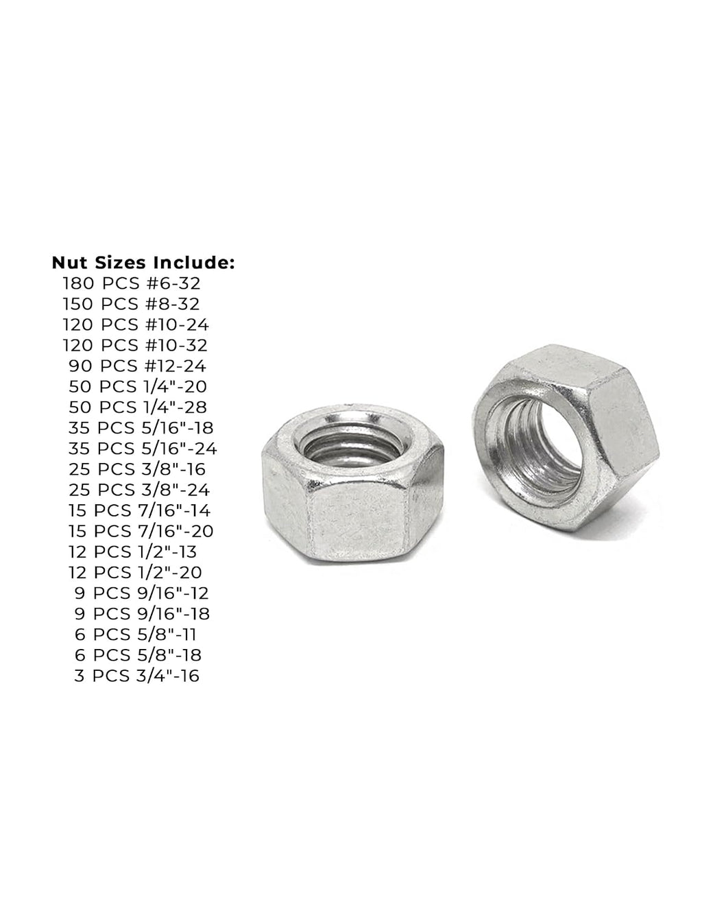 Stainless Steel Finished Hex Nut Coarse & Fine Assortment - 968 Pieces