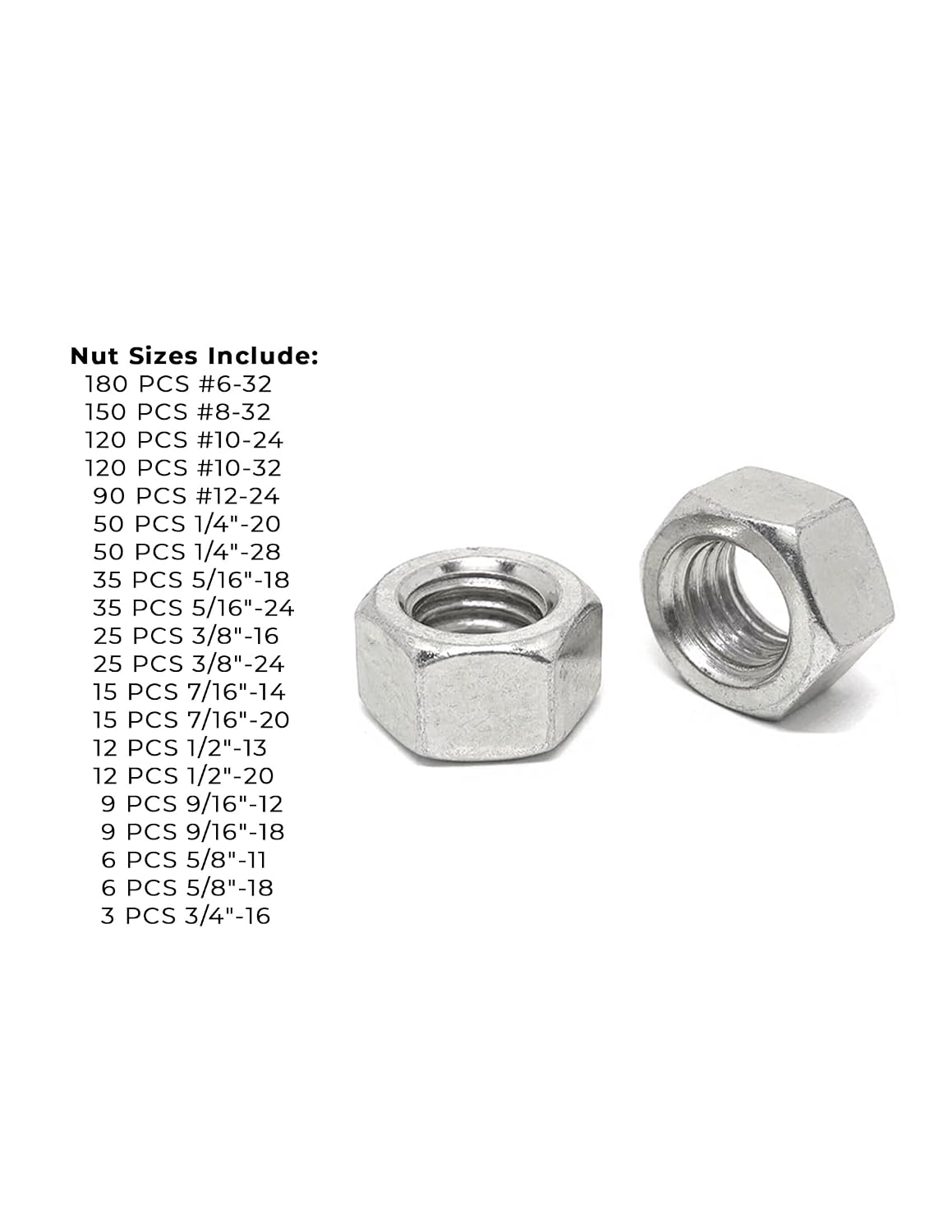 Stainless Steel Finished Hex Nut Coarse & Fine Assortment - 968 Pieces