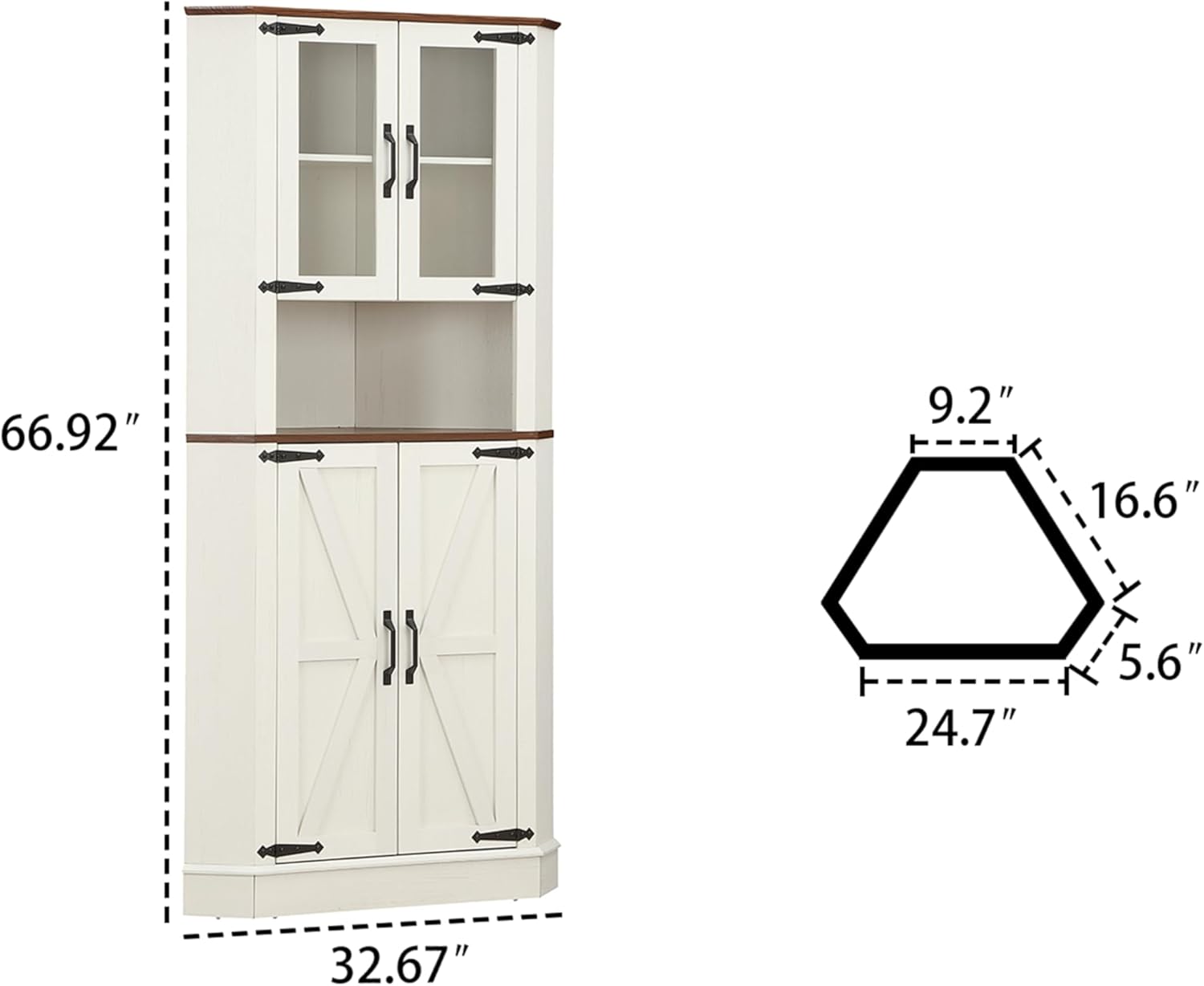 66.92'' Tall Corner Cabinet with Adjustable Shelves for Great Storage and Showcase,Storage Cabinet Double as Corner Liquor Cabinet with Hexagon Design for Livinng room,Kitchen and Bathroom,Off White