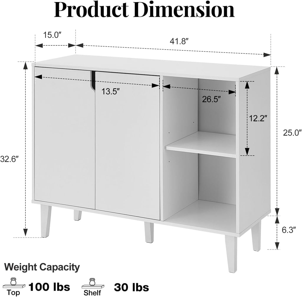 Panana Kitchen Buffet Cabinet Storage Sideboard with 2 Doors 2 Shelves, 41.8' L x 15' W x 32.5' H (White)