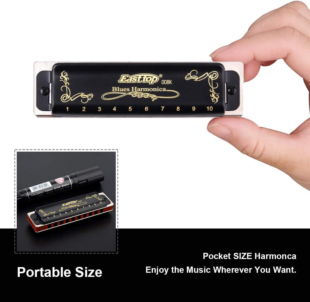 Easttop Harmonica Sets 7 Keys in Key of A B C D E F G 10 Hole 20 Tones with Case Bag & Cleaning Cloth for Adult, Professional Player,Beginner,Heavy Duty, Black