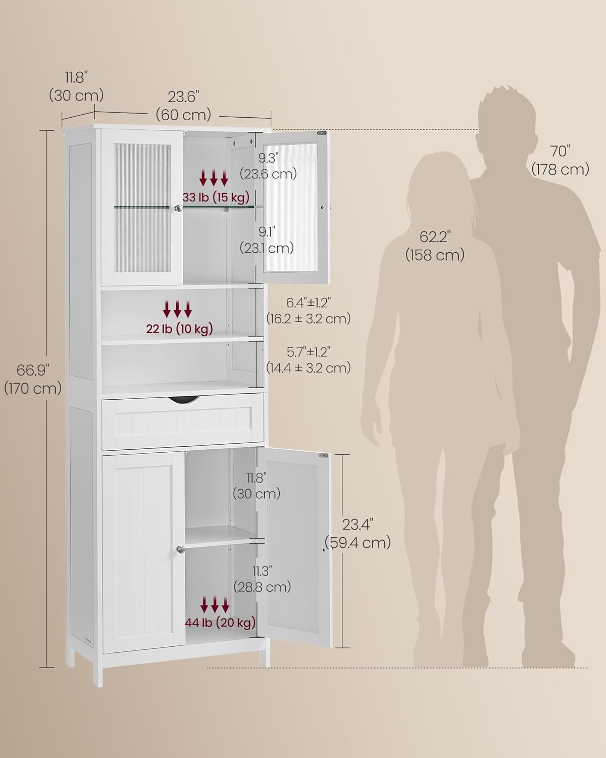 VASAGLE Storage Cabinet with LED Lights, Freestanding Storage Unit with Adjustable Shelves, Drawer, Open Compartments, for Bathroom, Living Room, Kitchen, Cloud White UBBC767WH01S