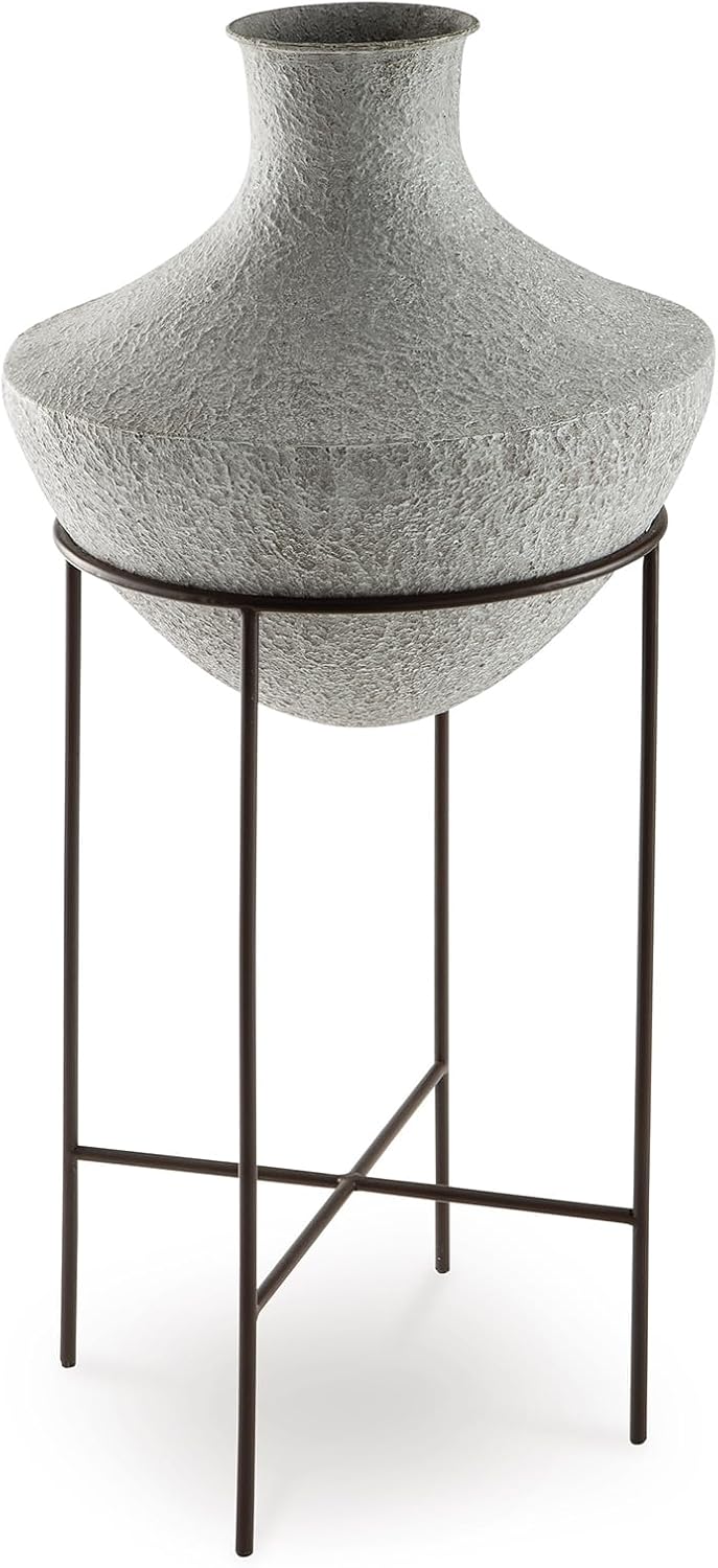 Signature Design by Ashley Estonbank Casual Indoor Distressed Metal Floor Vase with Stand, White & Black