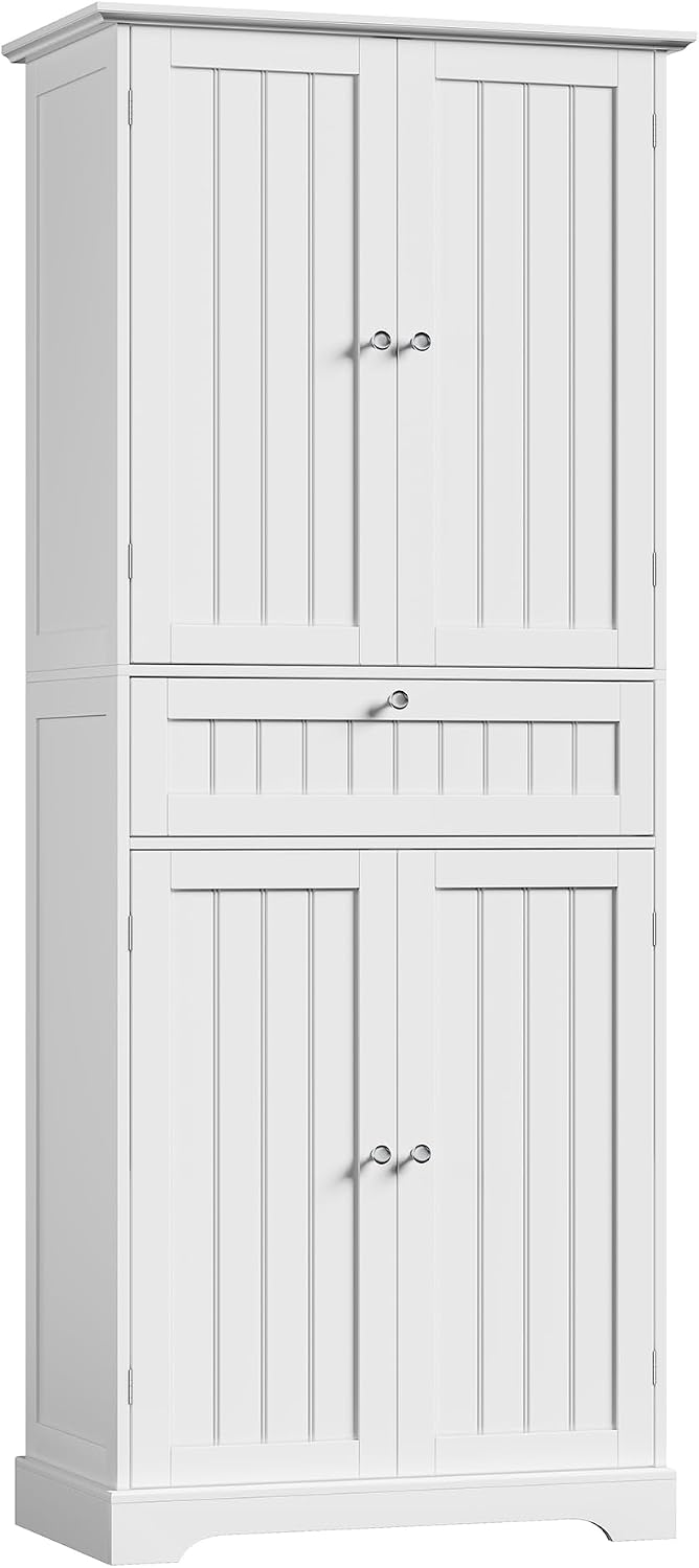 ChooChoo 72' H Tall Bathroom Floor Cabinet, Modern Bathroom Storage Cabinet with Drawer and Adjustable Shelves, Freestanding Kitchen Pantry Cupboard with 4 Doors for Living Room, White