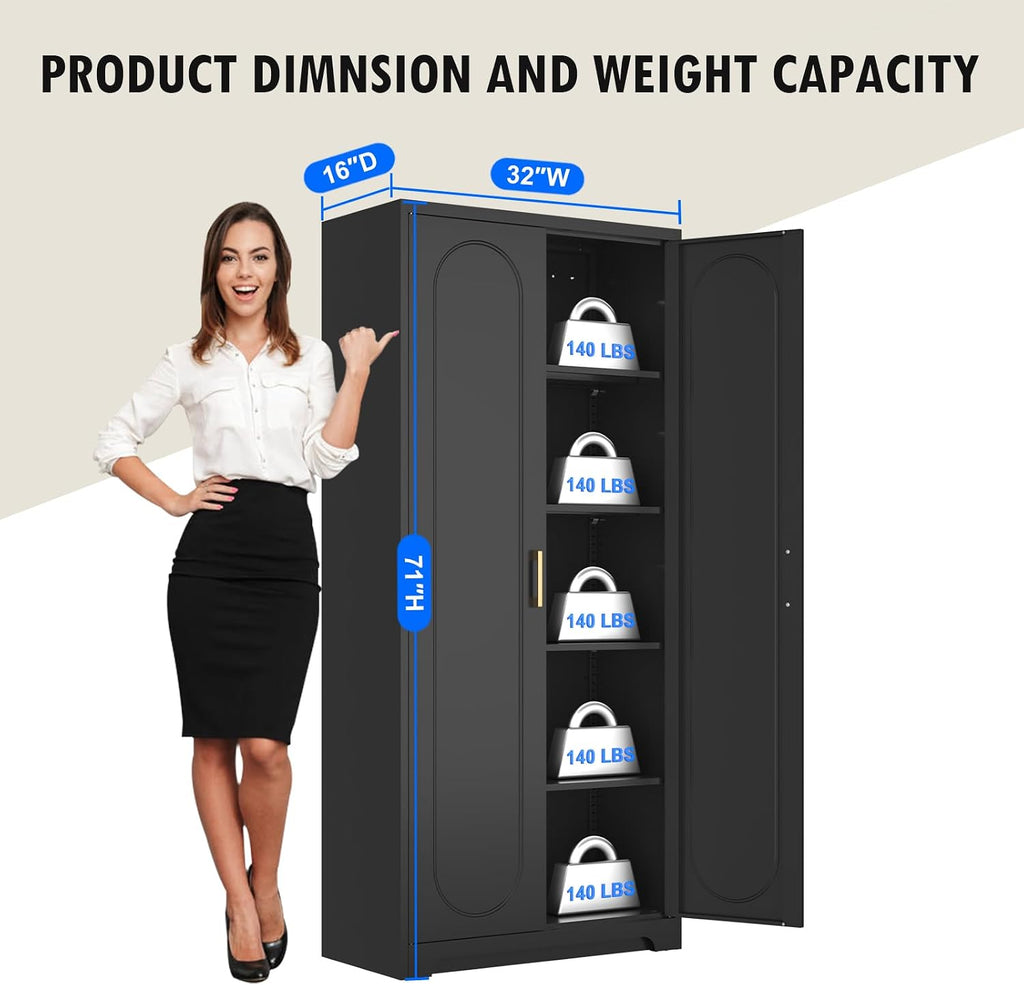 Polup 71' Tall Kitchen Pantry Cabinet, Pantry Storage Cabinet with Doors and Shelves, Metal Food Pantry Cabinets with Handles, Black Freestanding Cupboard for Living&Dining Room-Assemble Required