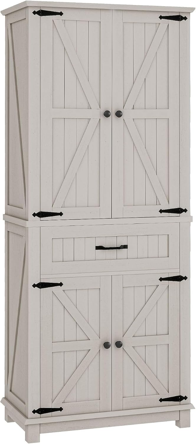 DWVO 72' Tall Farmhouse Pantry Cabinet, Kitchen Storage Pantry with Barn Doors & Drawer, Versatile Organizer with Adjustable Shelves, Rustic Cupboard for Dining Room, Living Room, White Oak