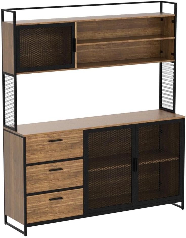 ECACAD Modern Wood Sideboard Buffet Storage Cabinet with Hutch, 3 Metal Mesh Doors, 3 Drawers & Shelves, Kitchen Pantry Cupboard Console Table for Living Room, Dining Room, Brown