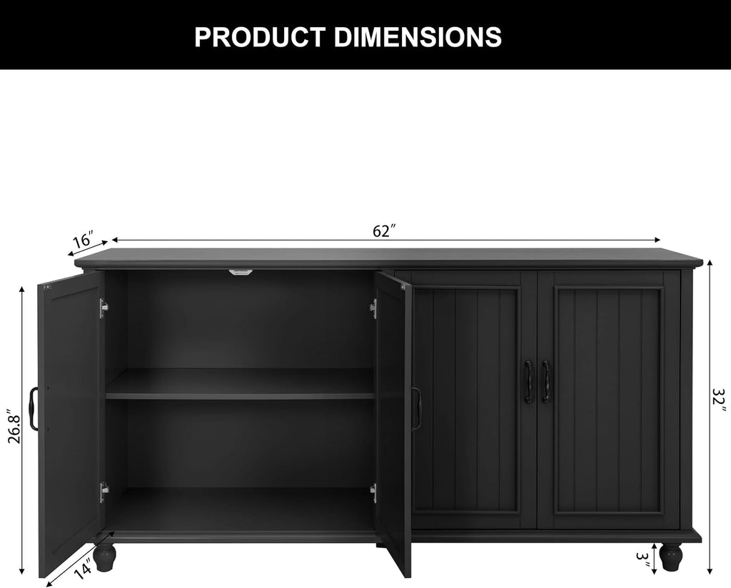 Scurrty 62'' Coffee Bar Cabinet Kitchen with Storage, Buffet Cabinet with Storage, Sideboard Buffet for Dinning Room, Kitchen & Living Room (4 Doors, Black)