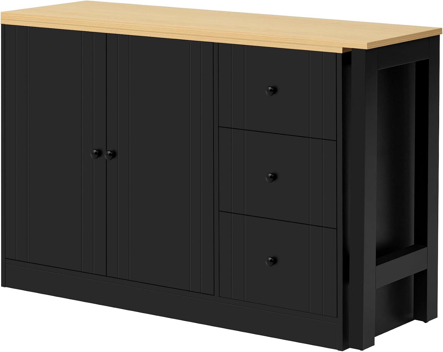 90' Extendable Freestanding Storage Cabinet, Kitchen Storage Bakers Rack with Adjustable Shelf, Utility Food Cupboard with Silent Drawers for Kitchen and Living Room, Black+Natural
