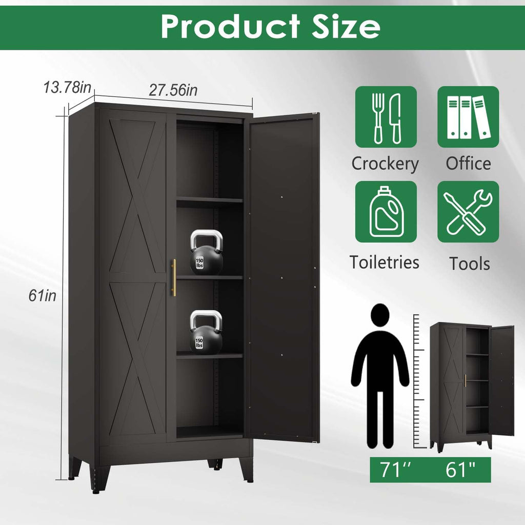 61' Kitchen Pantry Cabinet, Metal Storage Cabinet with 2 Doors and 3 Adjustable Shelves, Black Food Pantry Cupboard for Kitchen, Dining Room, Living Room and Bathroom (Black)