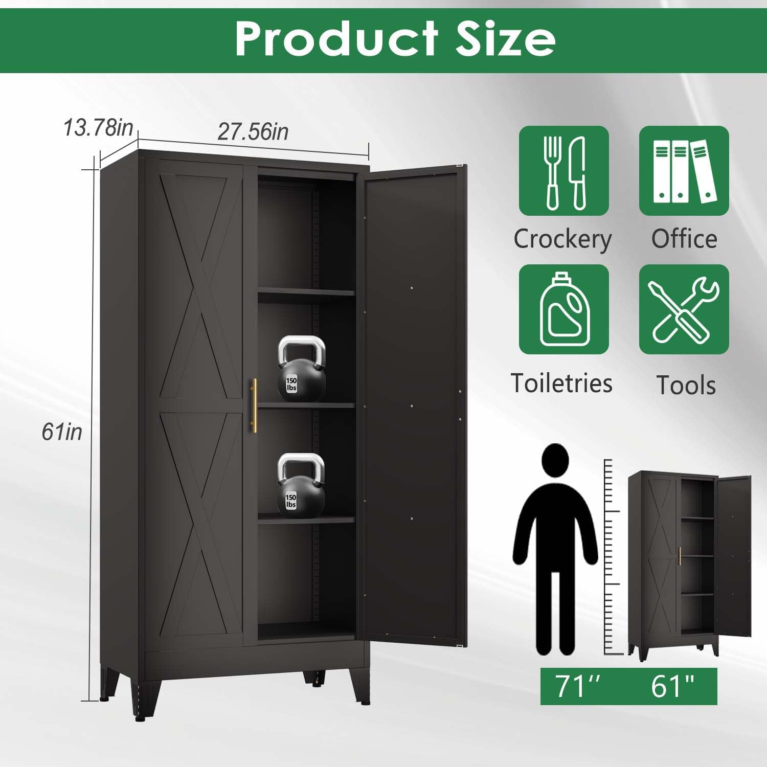 61' Kitchen Pantry Cabinet, Metal Storage Cabinet with 2 Doors and 3 Adjustable Shelves, Black Food Pantry Cupboard for Kitchen, Dining Room, Living Room and Bathroom (Black)