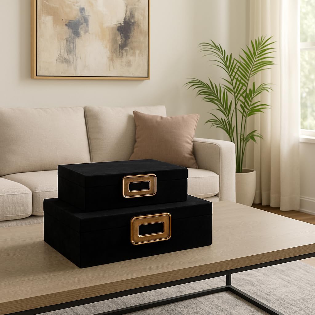 Decorative Boxes with Lid for Home Decor – Modern Storage and Home Organizer - Jewelry Boxes and Keepsake Boxes Perfect for Living Room, Bedroom, or Office Decor; Set of 2 – 5', 4' Black & Gold
