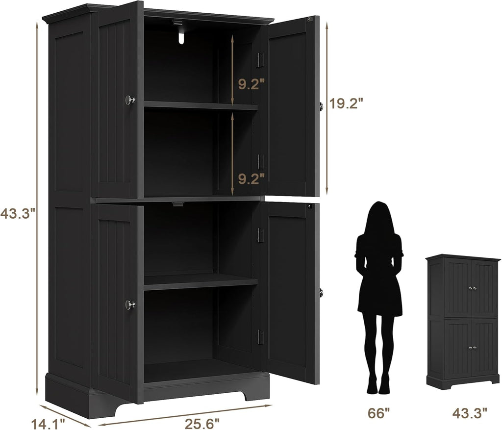 ChooChoo Bathroom Floor Cabinet, Modern Bathroom Storage Cabinet with 4 Doors and Adjustable Shelves, Freestanding Cupboard for Living Room, Kitchen Pantry, Black