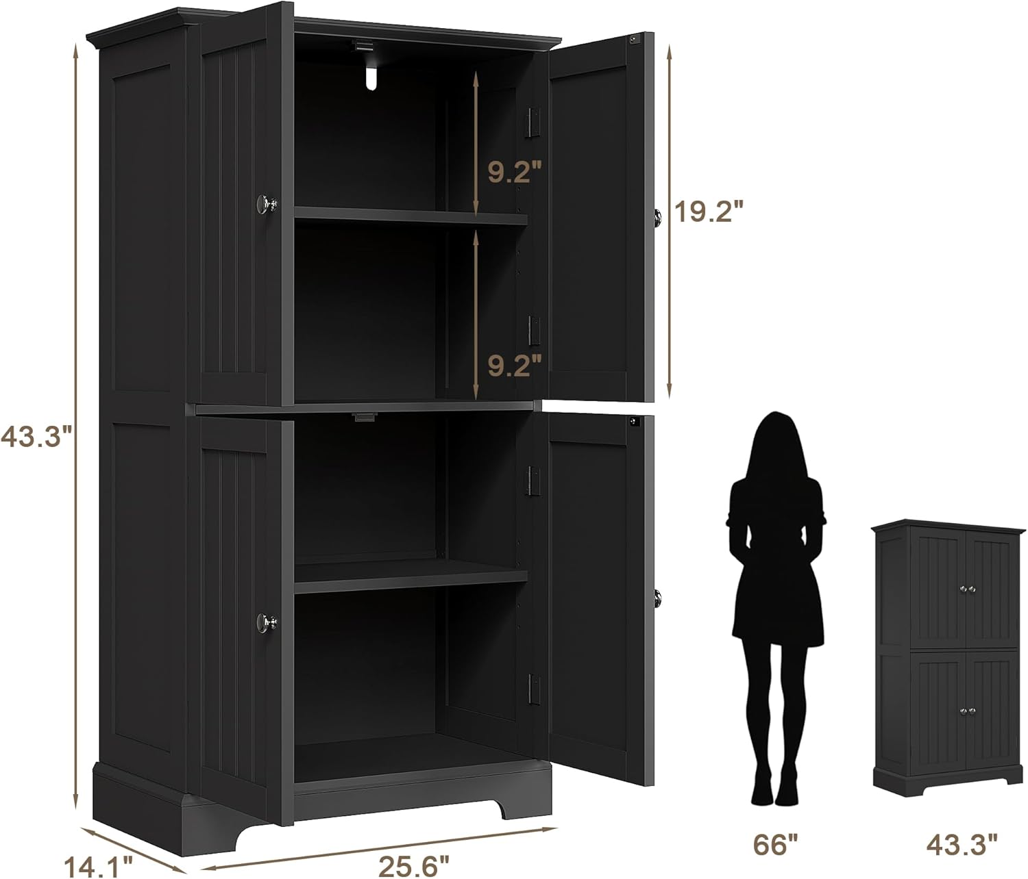 ChooChoo Bathroom Floor Cabinet, Modern Bathroom Storage Cabinet with 4 Doors and Adjustable Shelves, Freestanding Cupboard for Living Room, Kitchen Pantry, Black