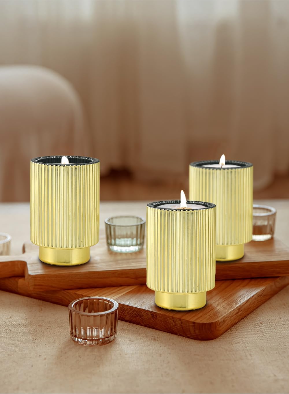 Serene Spaces Living Gold Ribbed Pedestal Glass Votive Holder, Table Centerpiece, Home, Office, Wedding, Birthday, Holiday & Special Events Decor, 3.5' Diameter & 5' Tall, Pack of 24