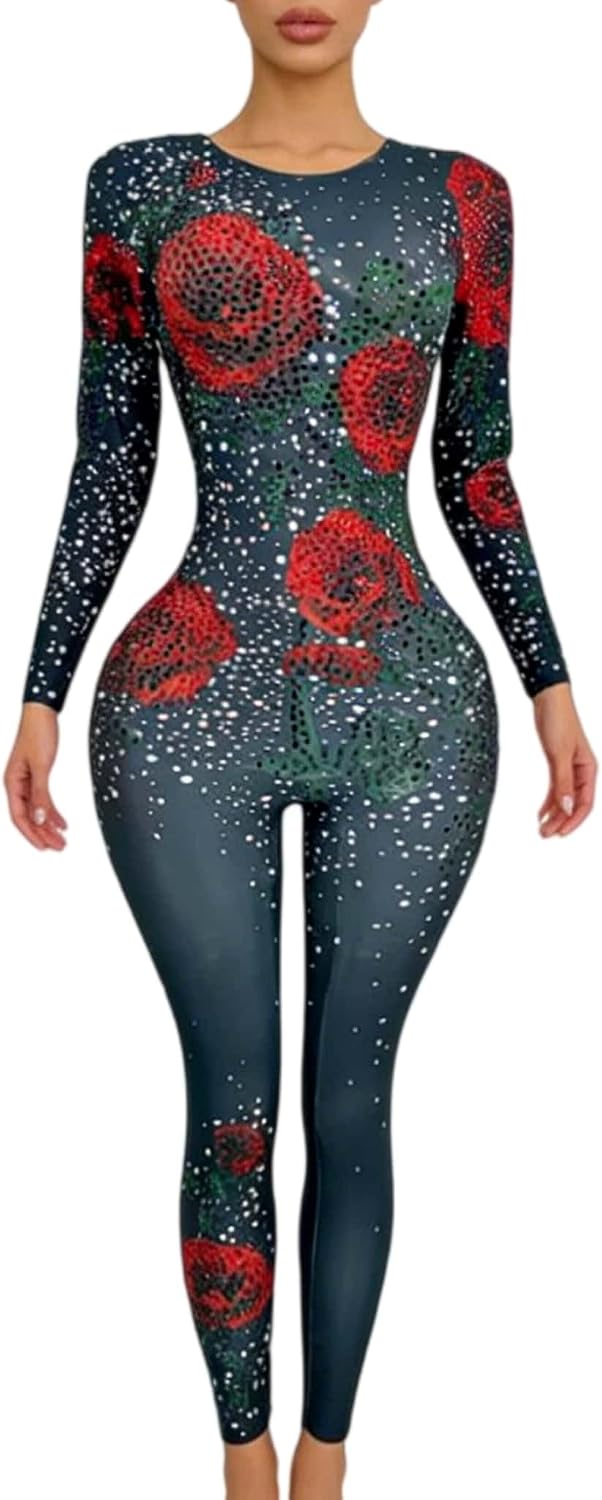 Women Nightclub Diamond Slim Fit Jumpsuits Romantic Rose Pattern Rompers Birthday Party Singer Dancer Stage Clothes