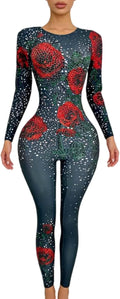 Women Nightclub Diamond Slim Fit Jumpsuits Romantic Rose Pattern Rompers Birthday Party Singer Dancer Stage Clothes