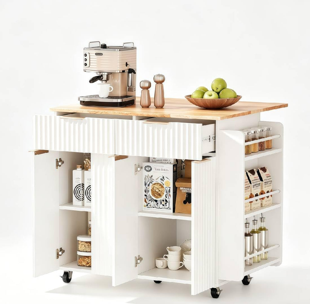 VINGLI Fluted Kitchen Island with Storage, Rolling Kitchen Cart on Wheels with 2 Drawers & 4 Doors, Adjustable Shelves, Portable Kitchen Island with Rubber Wood Top, White