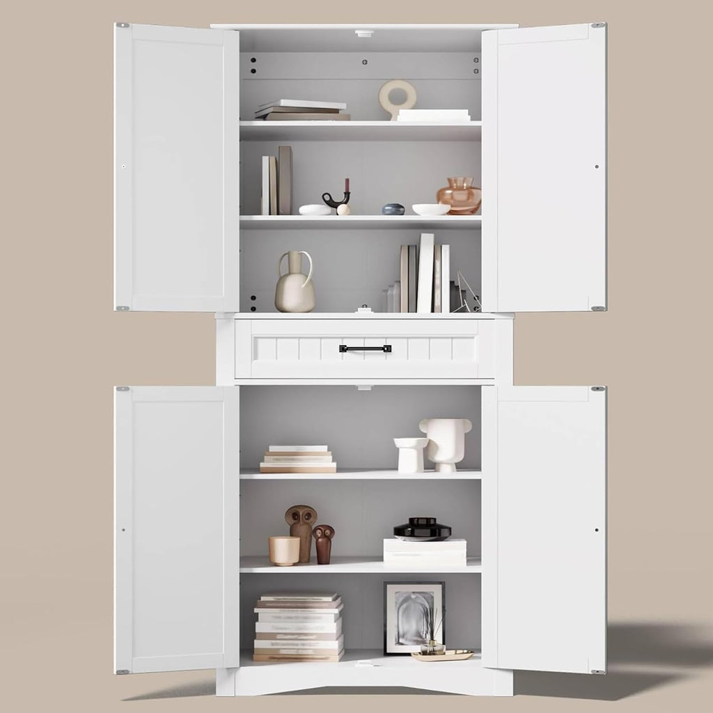 Gizoon 71'' Kitchen Pantry Storage Cabinet, Freestanding Pantry Organizers and Storage Cabinet with 4 Doors and 4 Adjustable Shelves, Tall Cabinet with Large Drawer for Kitchen, Living Room, Bathroom