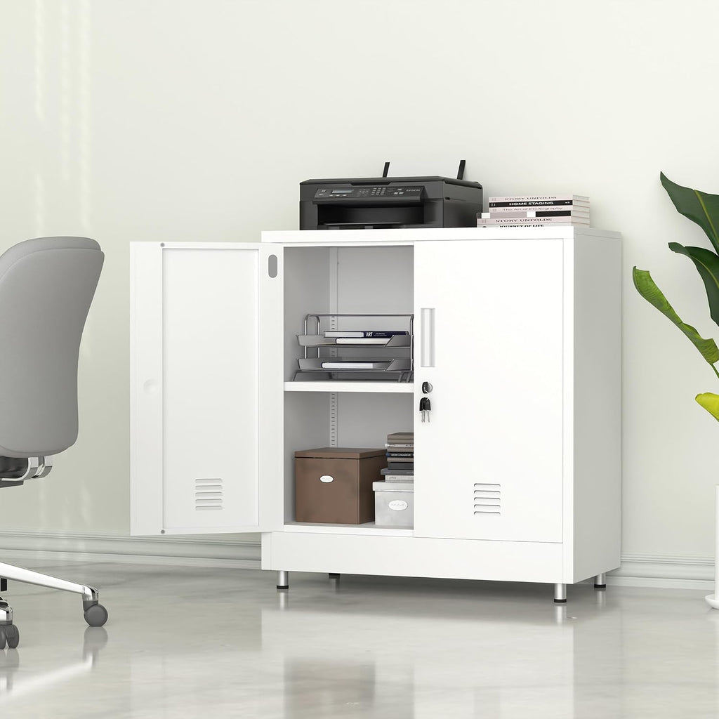 Metal Storage Cabinet with Locking Doors and Adjustable Shelf, Small Lockable Sideboard Buffet Cabinet for Home, Office, Entryway, Hallway, Living Room, Kitchen and Dining Room, White