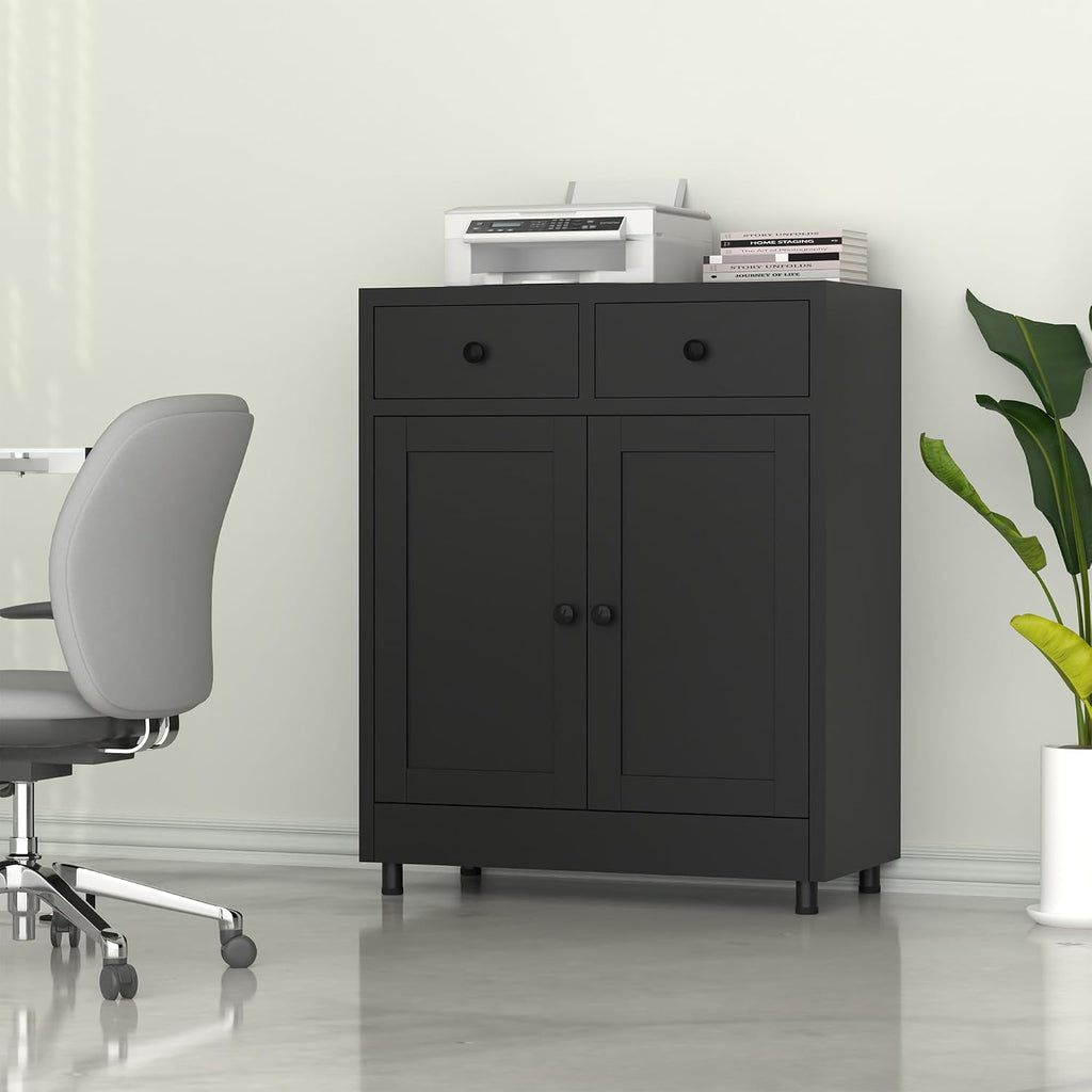 Metal Storage Cabinet with 2 Drawers and Adjustable Shelf, Sideboard Buffet Cabinet for Home, Office, Hallway, Entryway, Living Room, Kitchen Pantry and Dining Room (Black)