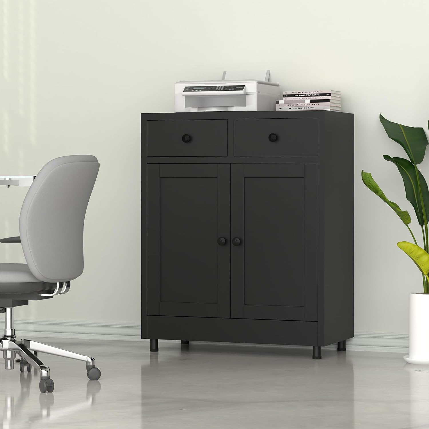 Metal Storage Cabinet with 2 Drawers and Adjustable Shelf, Sideboard Buffet Cabinet for Home, Office, Hallway, Entryway, Living Room, Kitchen Pantry and Dining Room (Black)
