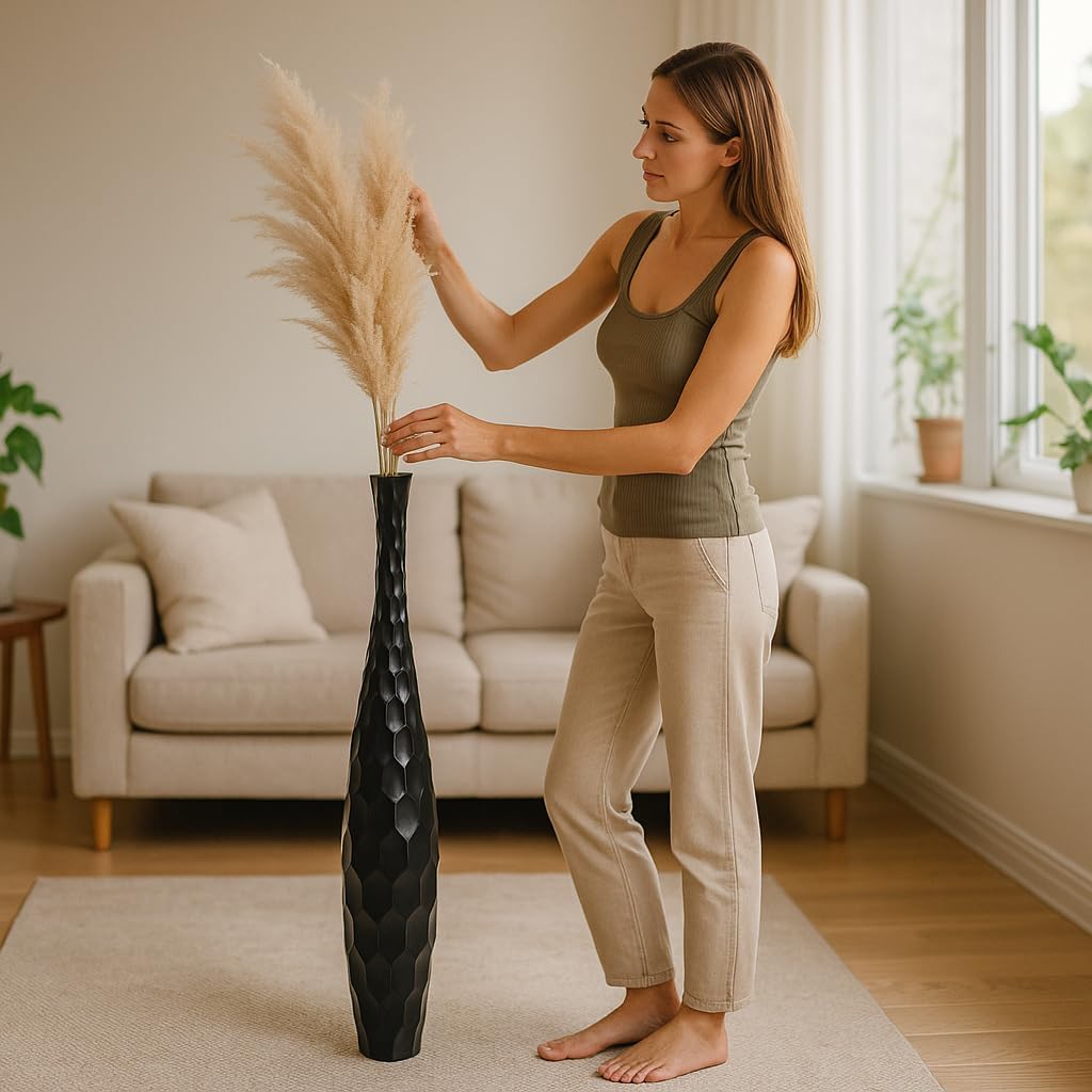 Leewadee Large Black Home Decor Floor Vase - Wooden 41 inch Tall Farmhouse Decor Flower Holder for Fake Plant and Pampas Grass